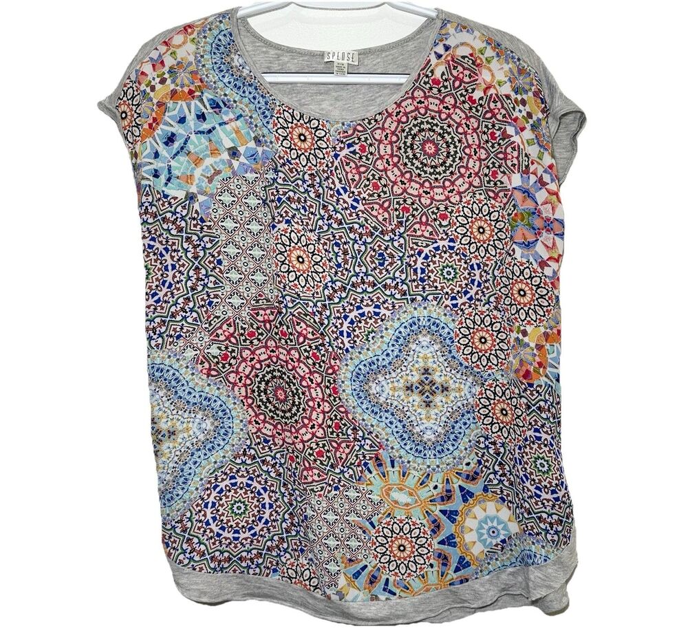 Spense M Gray Mosaic Tile Print Mixed Media Top Short Sleeve Boho